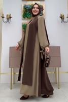 Tesettür giyim KAHVE İKİ RENKLİ MANŞETLERİ BAĞLAMALI ELBİSE T 9973