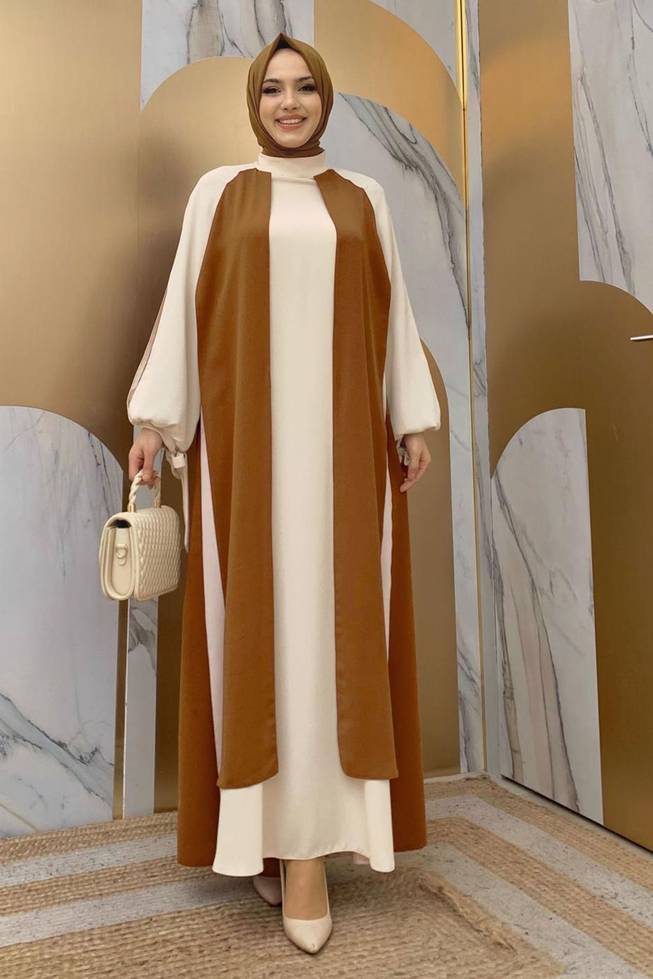 Tesettür giyim TABA İKİ RENKLİ MANŞETLERİ BAĞLAMALI ELBİSE T 9973