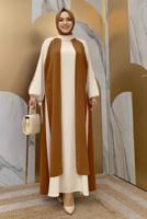 Tesettür giyim TABA İKİ RENKLİ MANŞETLERİ BAĞLAMALI ELBİSE T 9973