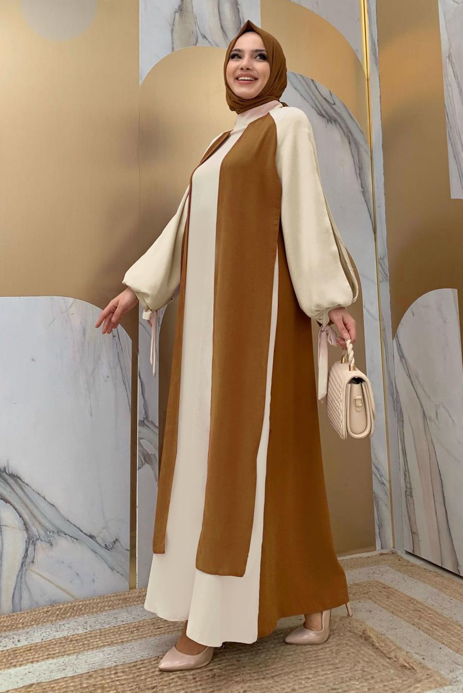 Tesettür giyim TABA İKİ RENKLİ MANŞETLERİ BAĞLAMALI ELBİSE T 9973