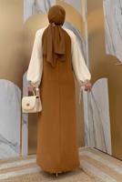 Tesettür giyim TABA İKİ RENKLİ MANŞETLERİ BAĞLAMALI ELBİSE T 9973