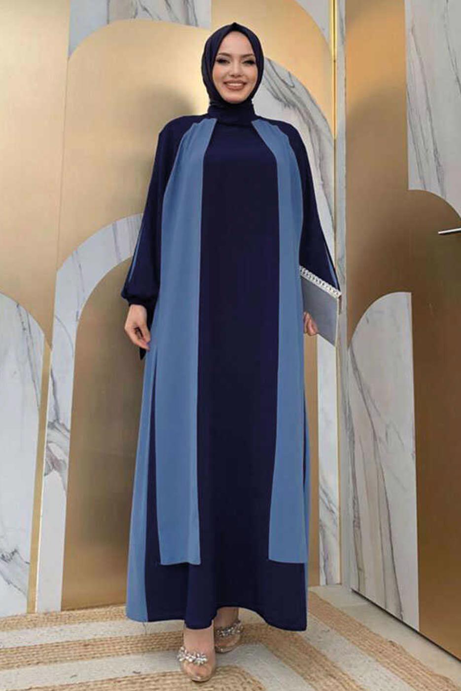 Tesettür giyim LACİVERT İKİ RENKLİ MANŞETLERİ BAĞLAMALI ELBİSE T 9973