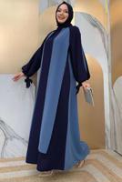 Tesettür giyim LACİVERT İKİ RENKLİ MANŞETLERİ BAĞLAMALI ELBİSE T 9973
