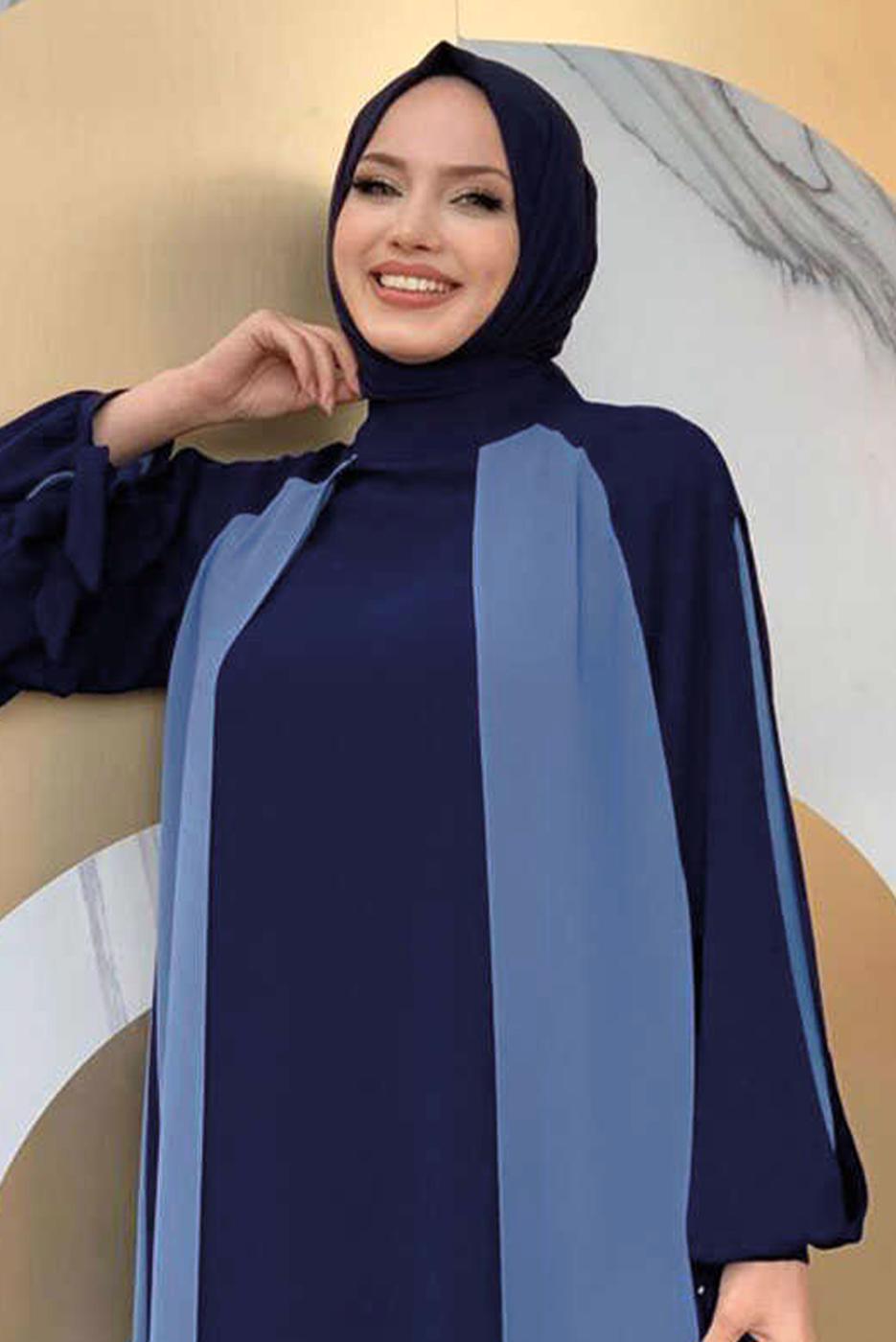 Tesettür giyim LACİVERT İKİ RENKLİ MANŞETLERİ BAĞLAMALI ELBİSE T 9973