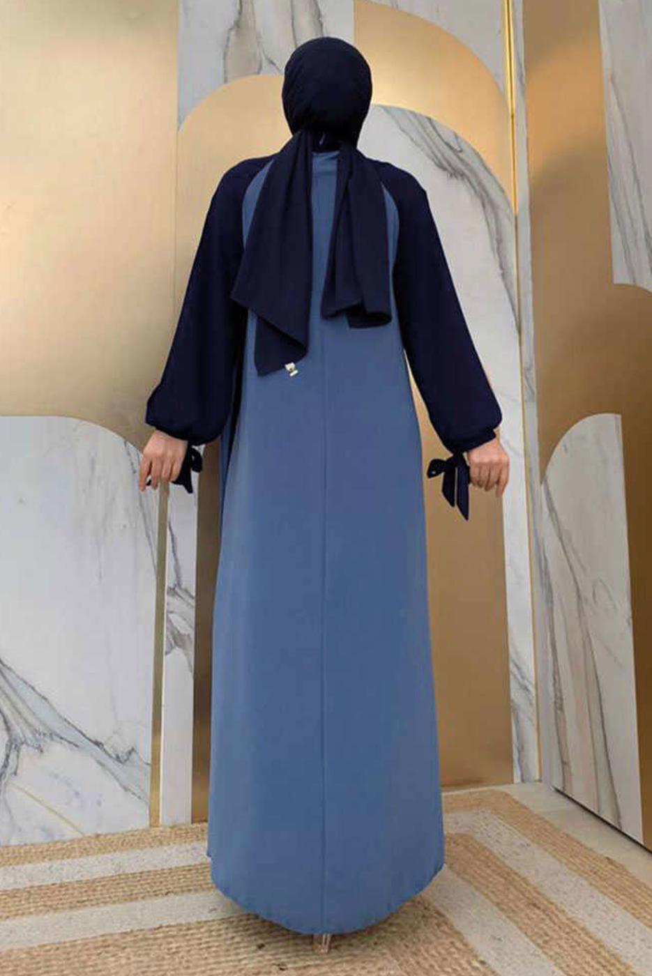 Tesettür giyim LACİVERT İKİ RENKLİ MANŞETLERİ BAĞLAMALI ELBİSE T 9973