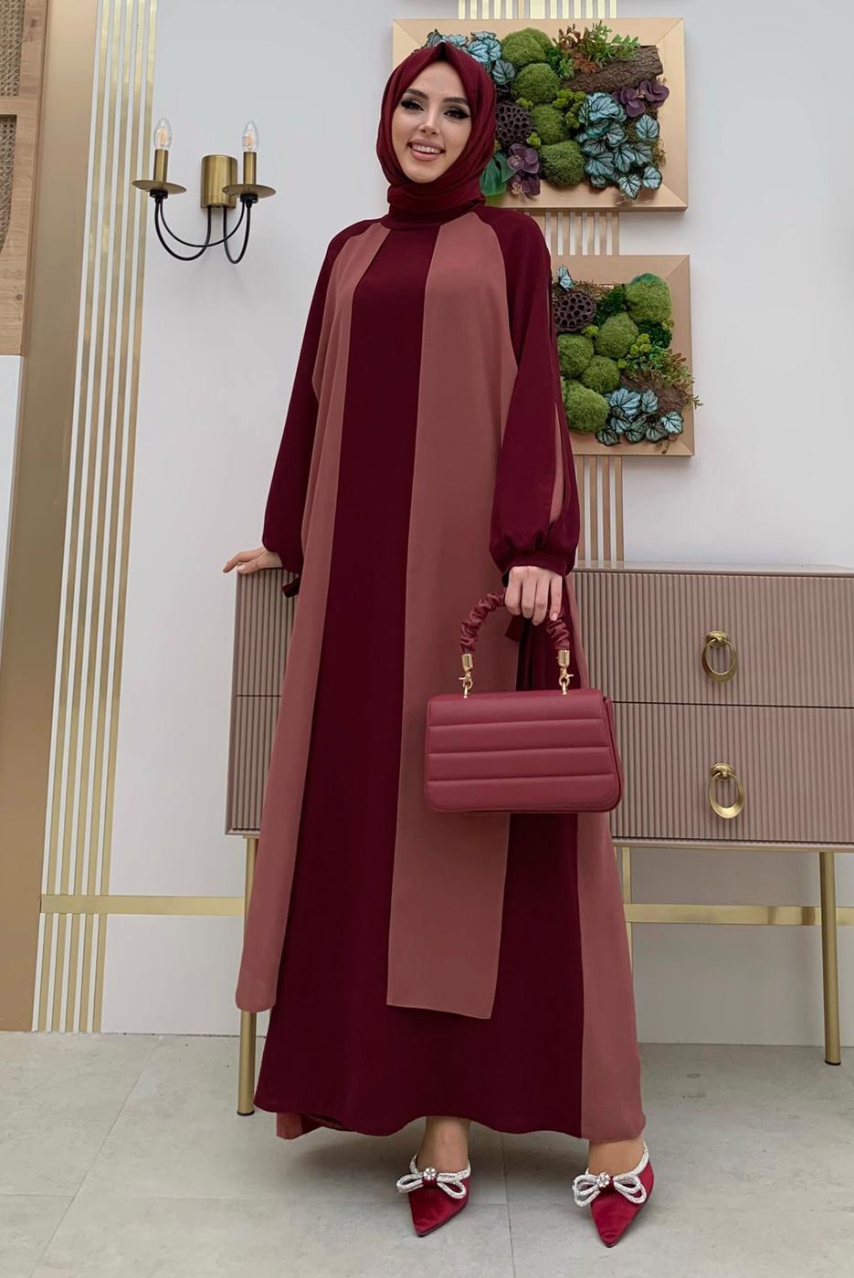 Tesettür giyim PEMBE İKİ RENKLİ MANŞETLERİ BAĞLAMALI ELBİSE T 9973