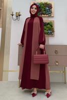 Tesettür giyim PEMBE İKİ RENKLİ MANŞETLERİ BAĞLAMALI ELBİSE T 9973