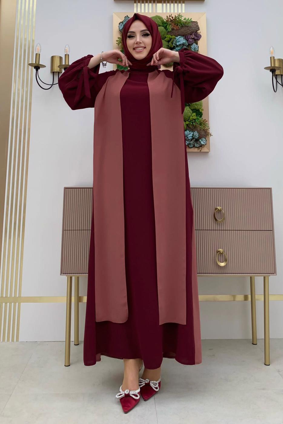 Tesettür giyim PEMBE İKİ RENKLİ MANŞETLERİ BAĞLAMALI ELBİSE T 9973