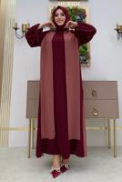 Tesettür giyim PEMBE İKİ RENKLİ MANŞETLERİ BAĞLAMALI ELBİSE T 9973