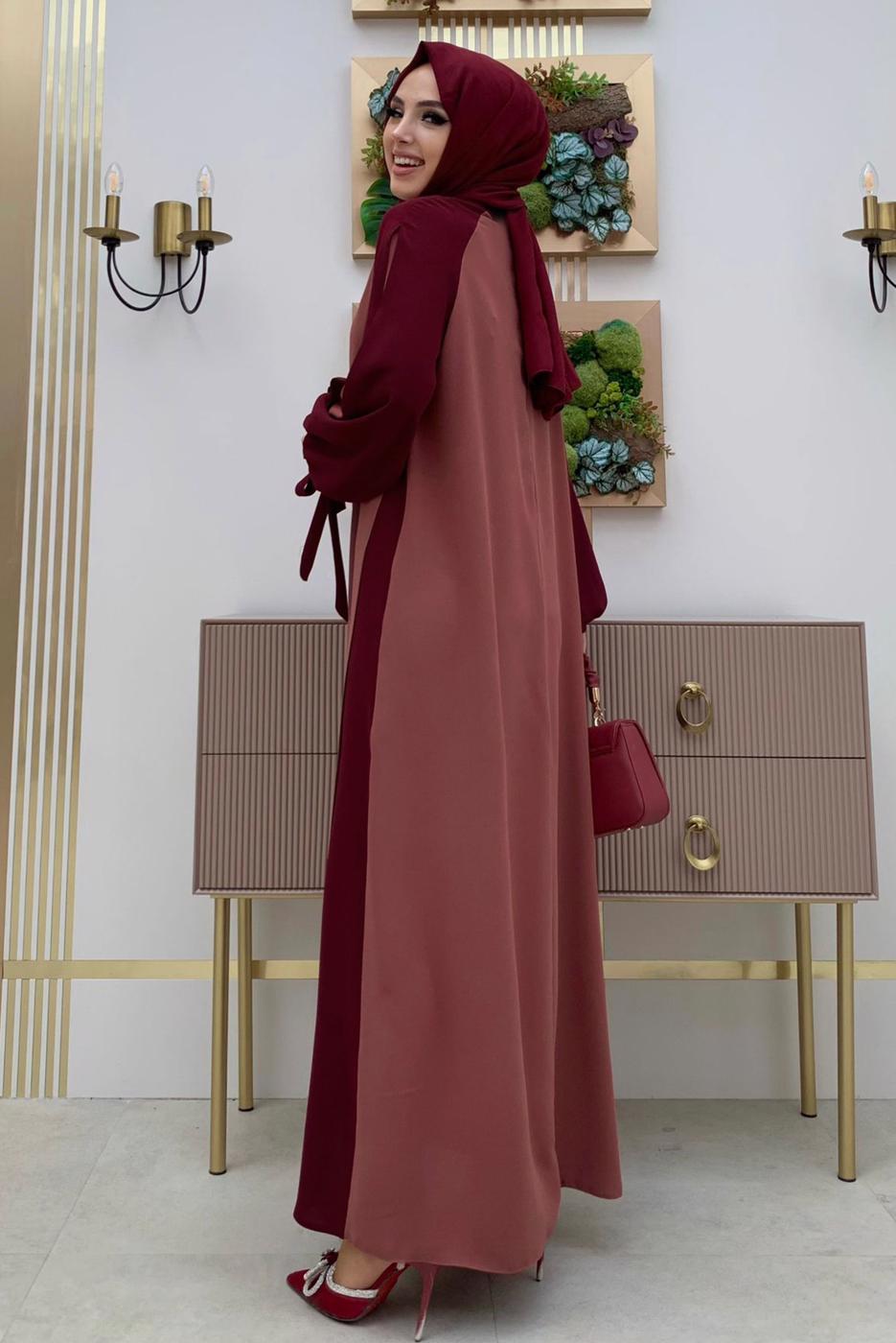 Tesettür giyim PEMBE İKİ RENKLİ MANŞETLERİ BAĞLAMALI ELBİSE T 9973