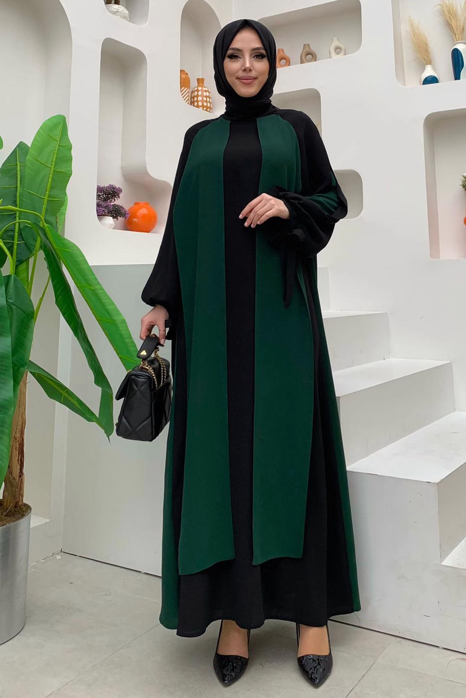 Tesettür giyim YEŞİL İKİ RENKLİ MANŞETLERİ BAĞLAMALI ELBİSE T 9973