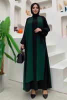 Tesettür giyim YEŞİL İKİ RENKLİ MANŞETLERİ BAĞLAMALI ELBİSE T 9973