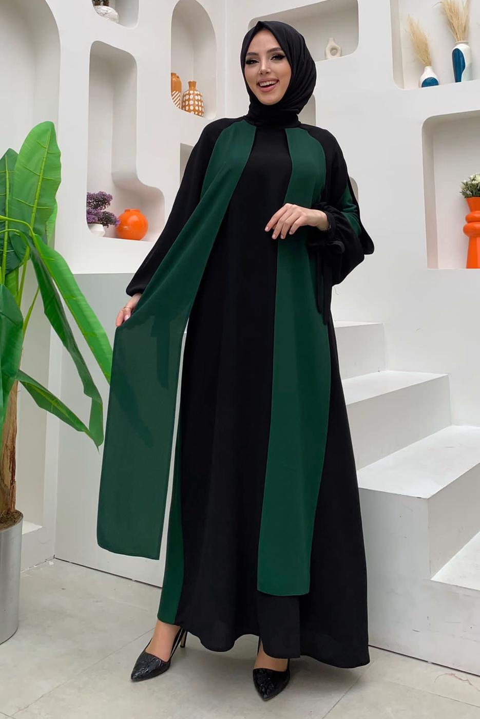 Tesettür giyim YEŞİL İKİ RENKLİ MANŞETLERİ BAĞLAMALI ELBİSE T 9973