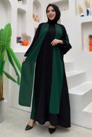 Tesettür giyim YEŞİL İKİ RENKLİ MANŞETLERİ BAĞLAMALI ELBİSE T 9973
