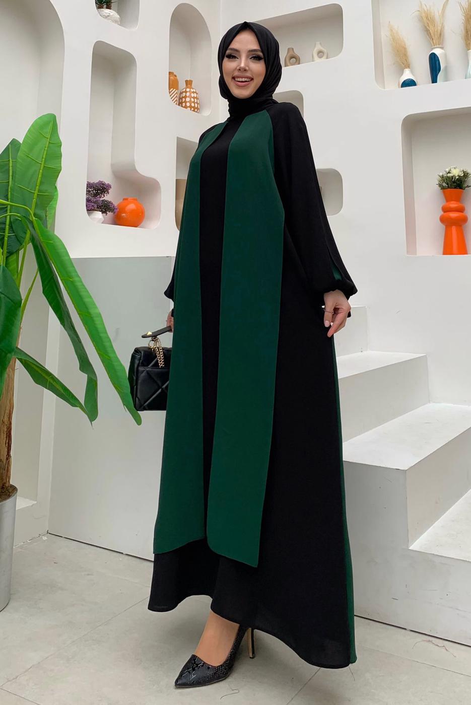 Tesettür giyim YEŞİL İKİ RENKLİ MANŞETLERİ BAĞLAMALI ELBİSE T 9973