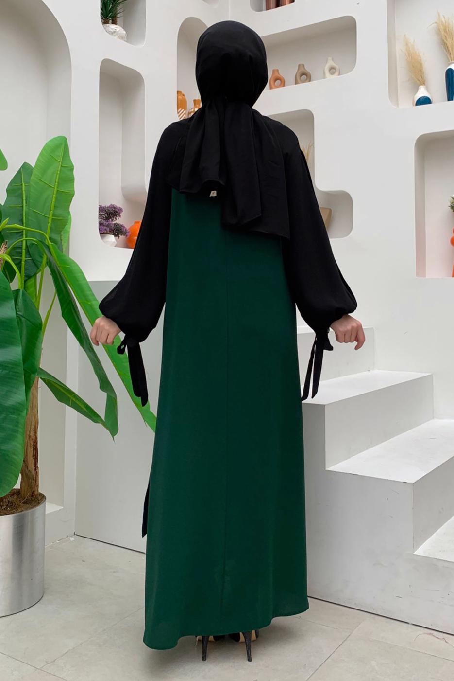Tesettür giyim YEŞİL İKİ RENKLİ MANŞETLERİ BAĞLAMALI ELBİSE T 9973