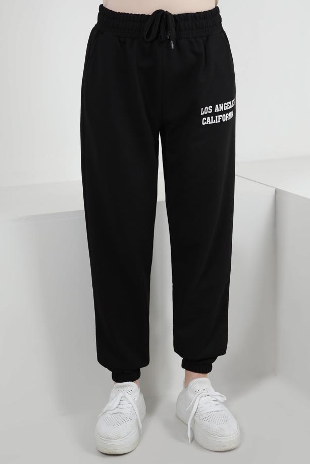 Hijab clothing BLACK ELASTIC WAIST SWEATPANTS WITH SLOGAN DETAIL T 1602 - TRENDTESETTÜR