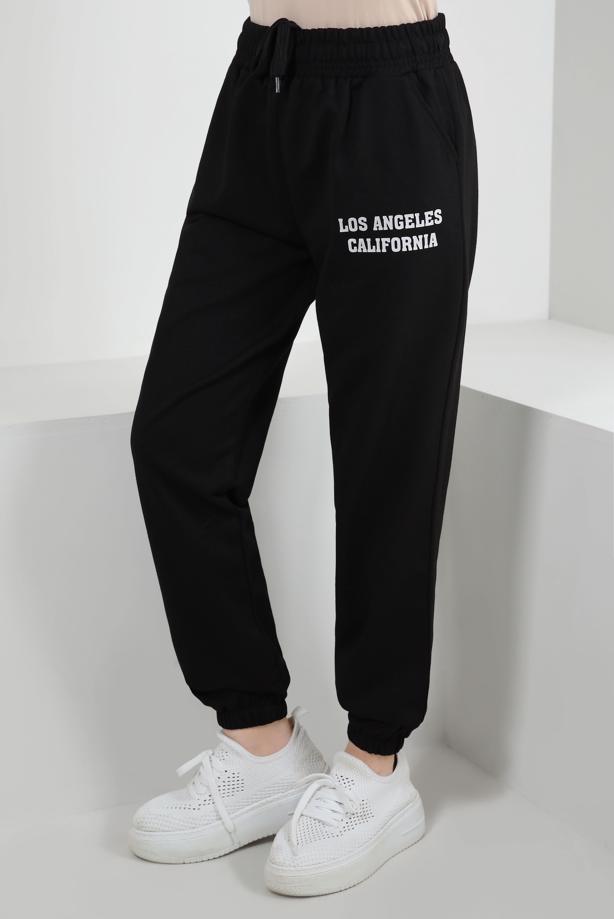Hijab clothing BLACK ELASTIC WAIST SWEATPANTS WITH SLOGAN DETAIL T 1602 - TRENDTESETTÜR