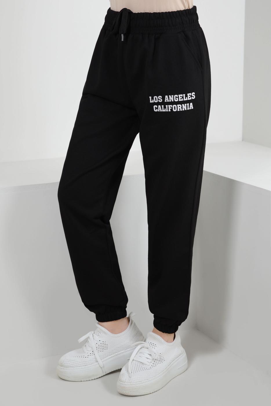 Hijab clothing BLACK ELASTIC WAIST SWEATPANTS WITH SLOGAN DETAIL T 1602