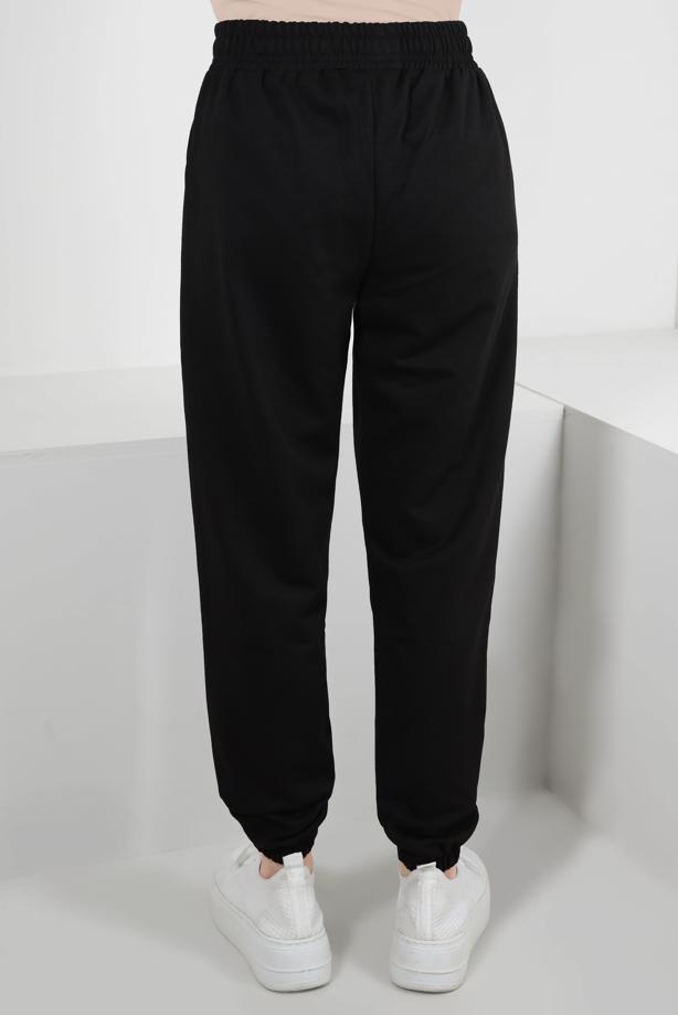 Hijab clothing BLACK ELASTIC WAIST SWEATPANTS WITH SLOGAN DETAIL T 1602 - TRENDTESETTÜR