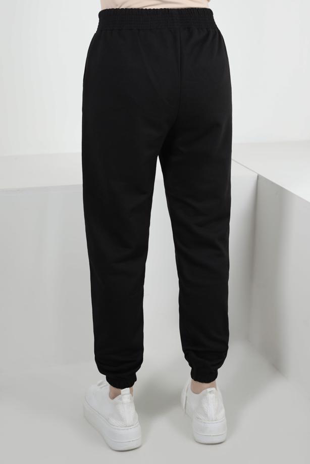 Hijab clothing BLACK ELASTIC WAIST SWEATPANTS WITH SLOGAN DETAIL T 1702 - TRENDTESETTÜR