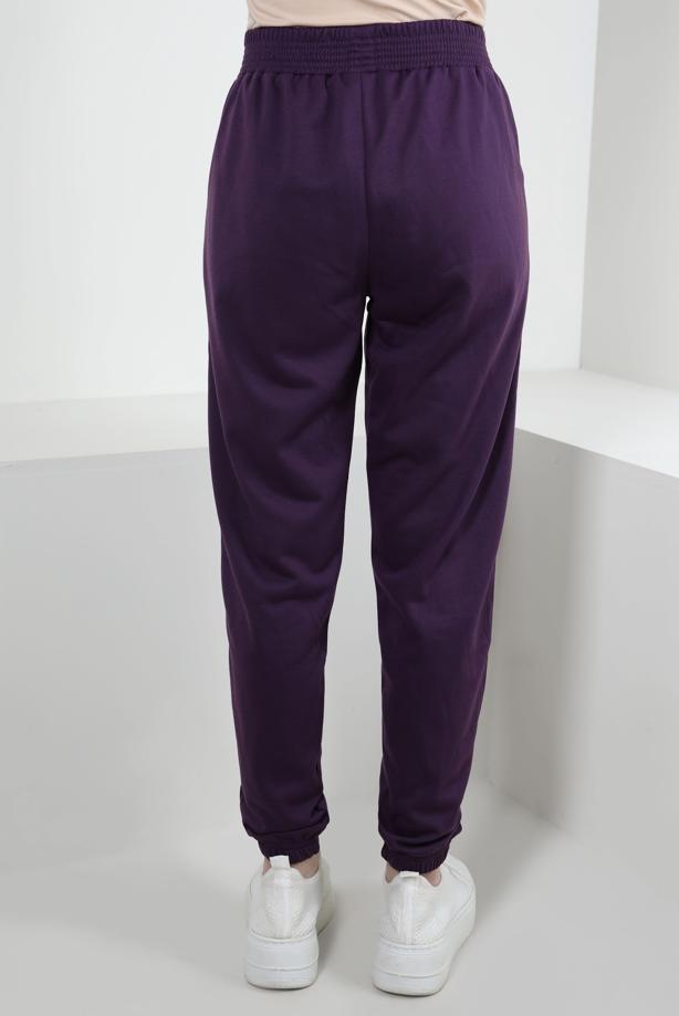 Hijab clothing PURPLE ELASTIC WAIST SWEATPANTS WITH SLOGAN DETAIL T 1702 - TRENDTESETTÜR