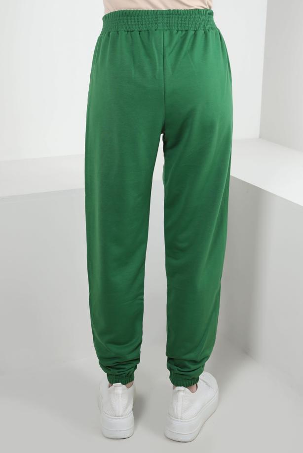 Hijab clothing GREEN ELASTIC WAIST SWEATPANTS WITH SLOGAN DETAIL T 1702 - TRENDTESETTÜR
