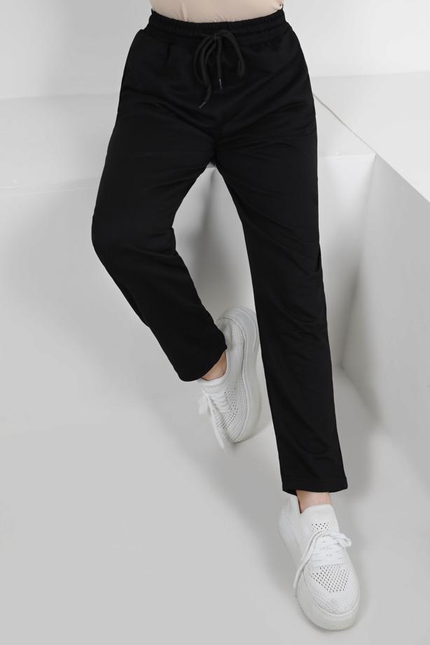 Hijab clothing BLACK ELASTIC WAIST SWEATPANTS WITH TIE DETAIL T 6502 - TRENDTESETTÜR