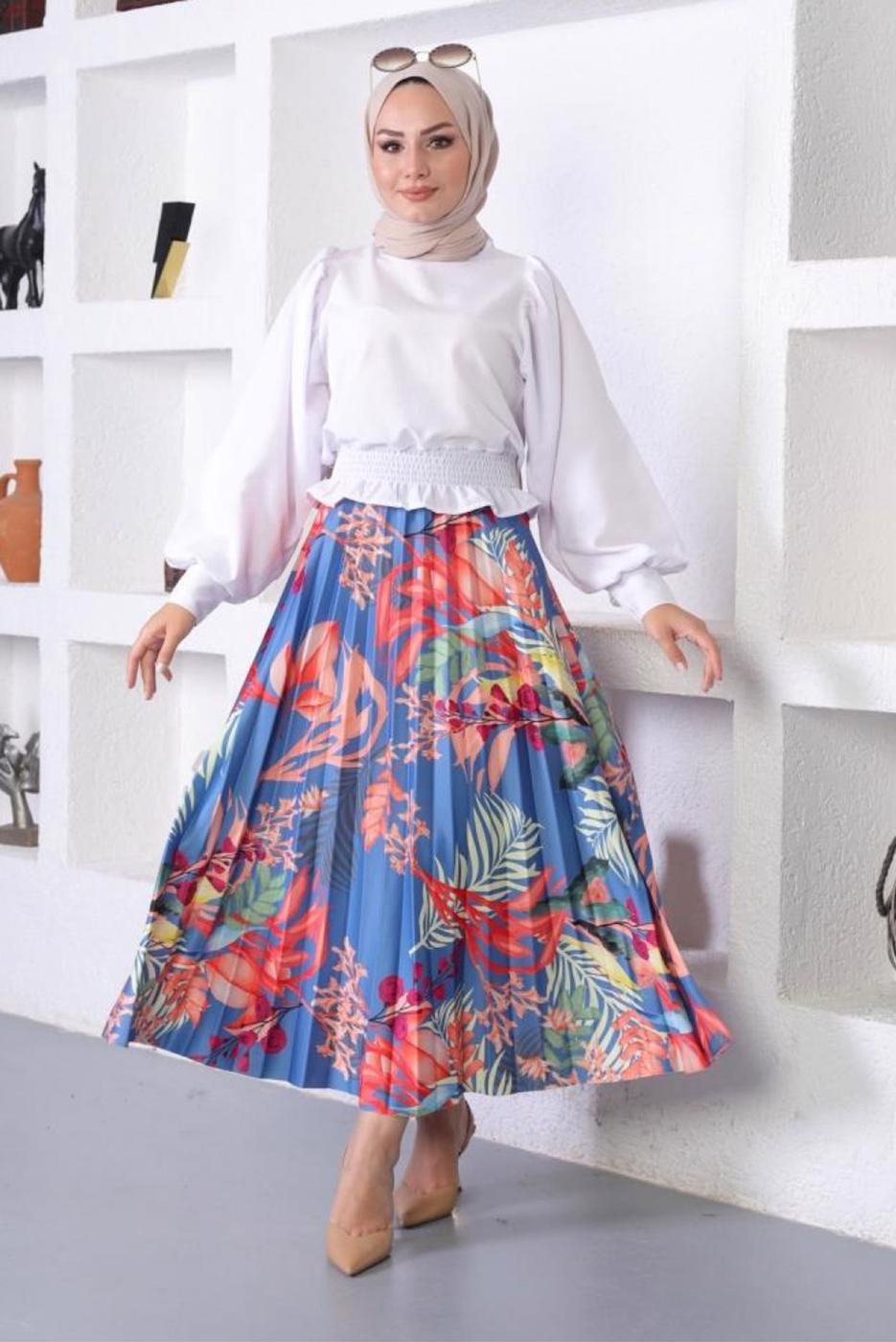 Tesettür giyim MAVİ DESENLİ PİLİSELİ ETEK T 0354