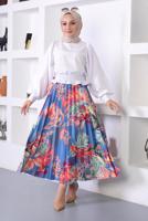 Tesettür giyim MAVİ DESENLİ PİLİSELİ ETEK T 0354