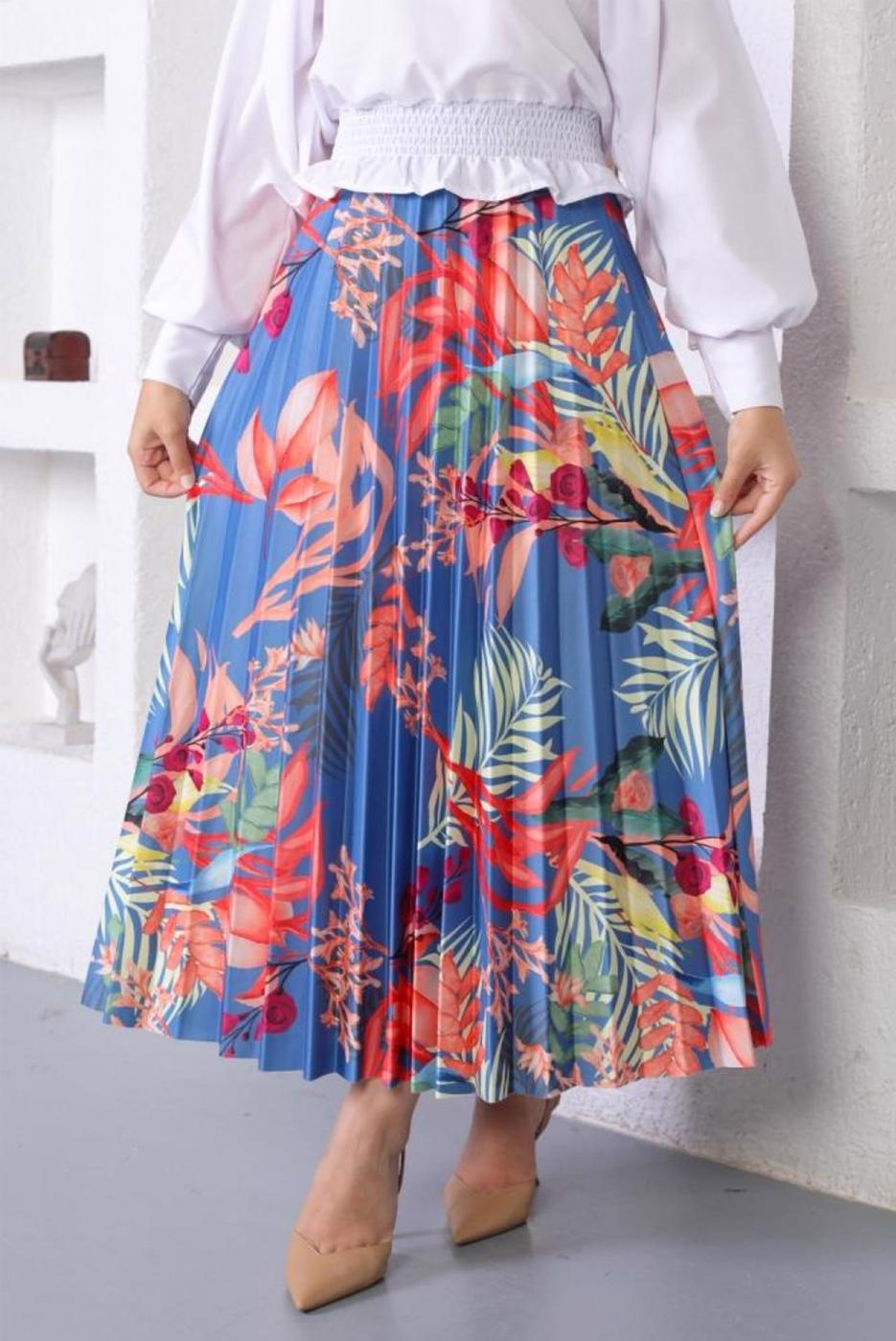 Tesettür giyim MAVİ DESENLİ PİLİSELİ ETEK T 0354