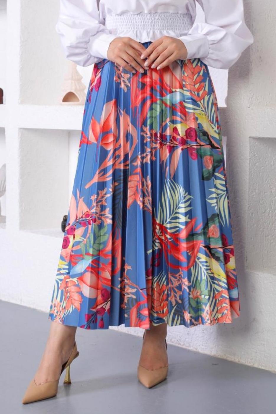 Tesettür giyim MAVİ DESENLİ PİLİSELİ ETEK T 0354