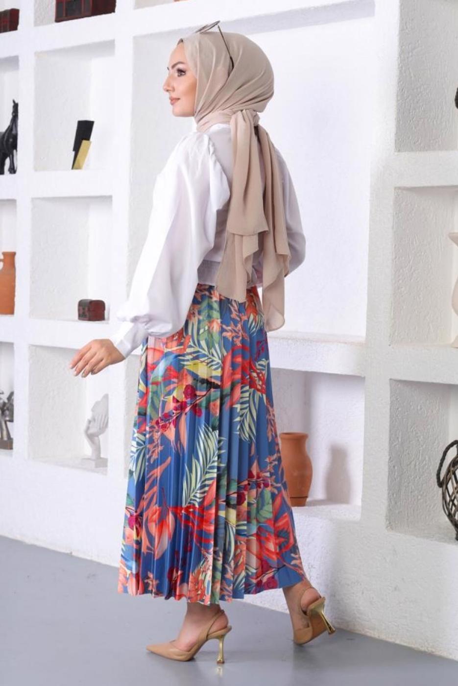 Tesettür giyim MAVİ DESENLİ PİLİSELİ ETEK T 0354