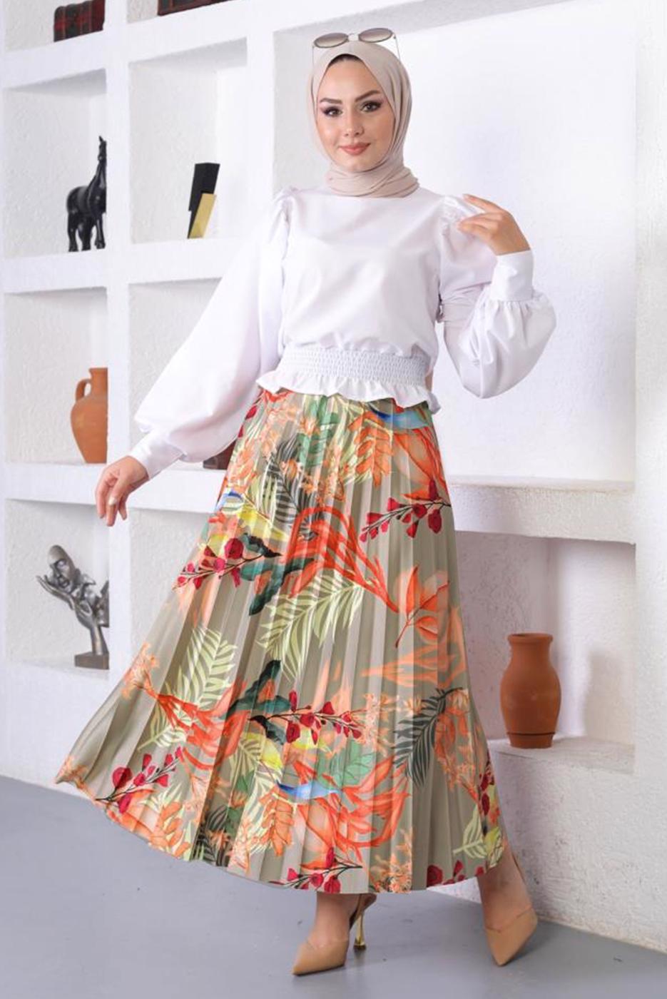 Tesettür giyim ÇOK RENKLİ DESENLİ PİLİSELİ ETEK T 0354