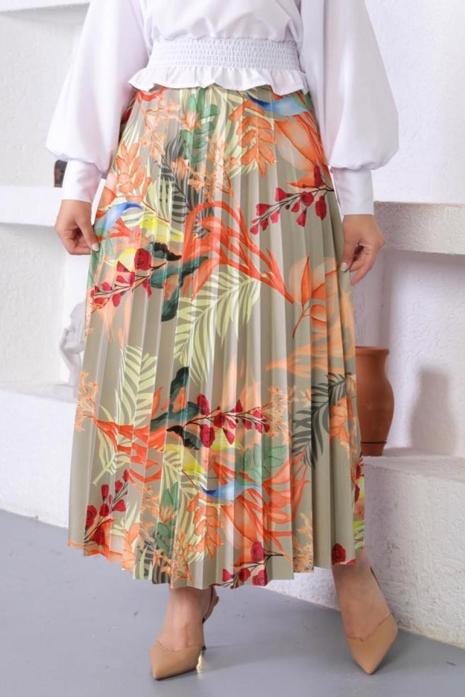 Tesettür giyim ÇOK RENKLİ DESENLİ PİLİSELİ ETEK T 0354