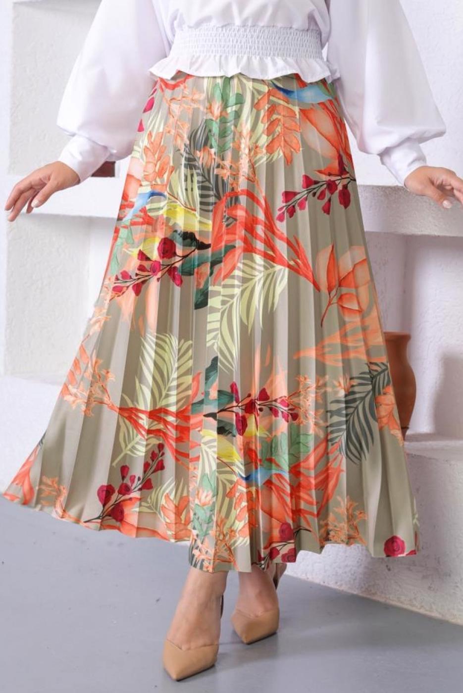 Tesettür giyim ÇOK RENKLİ DESENLİ PİLİSELİ ETEK T 0354