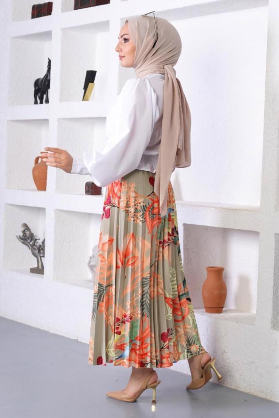 Tesettür giyim ÇOK RENKLİ DESENLİ PİLİSELİ ETEK T 0354