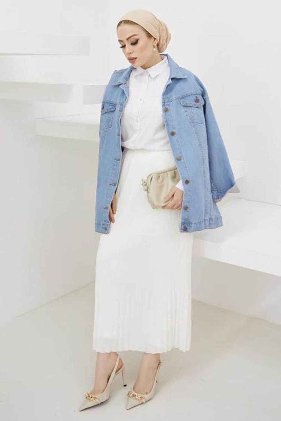 Tesettür giyim BEYAZ BELİ LASTİKLİ PİLİSELİ ETEK T 502