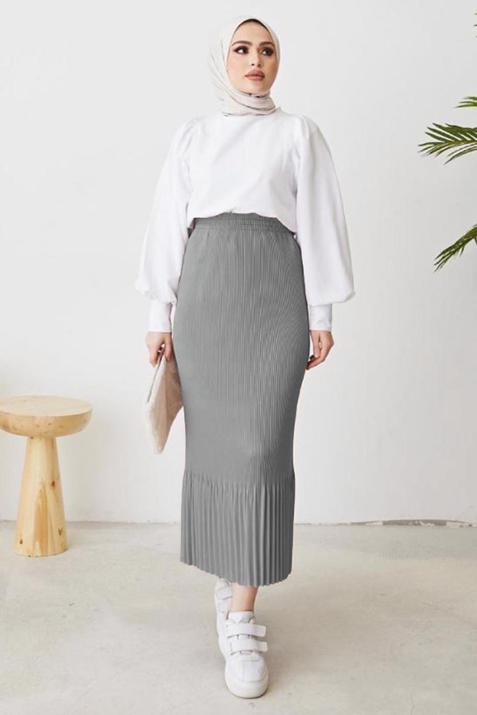 Tesettür giyim GRİ BELİ LASTİKLİ PİLİSELİ ETEK T 502