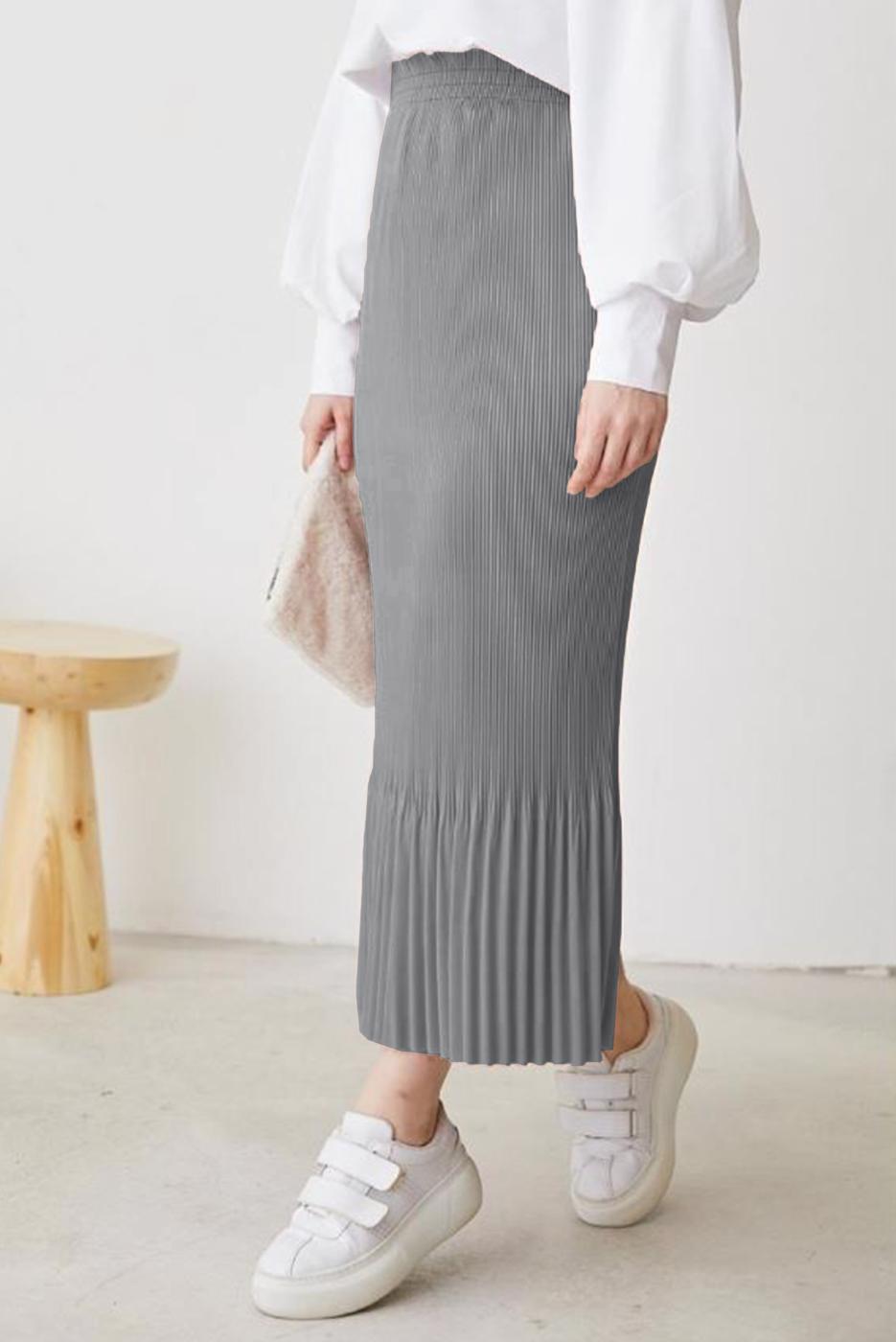 Tesettür giyim GRİ BELİ LASTİKLİ PİLİSELİ ETEK T 502