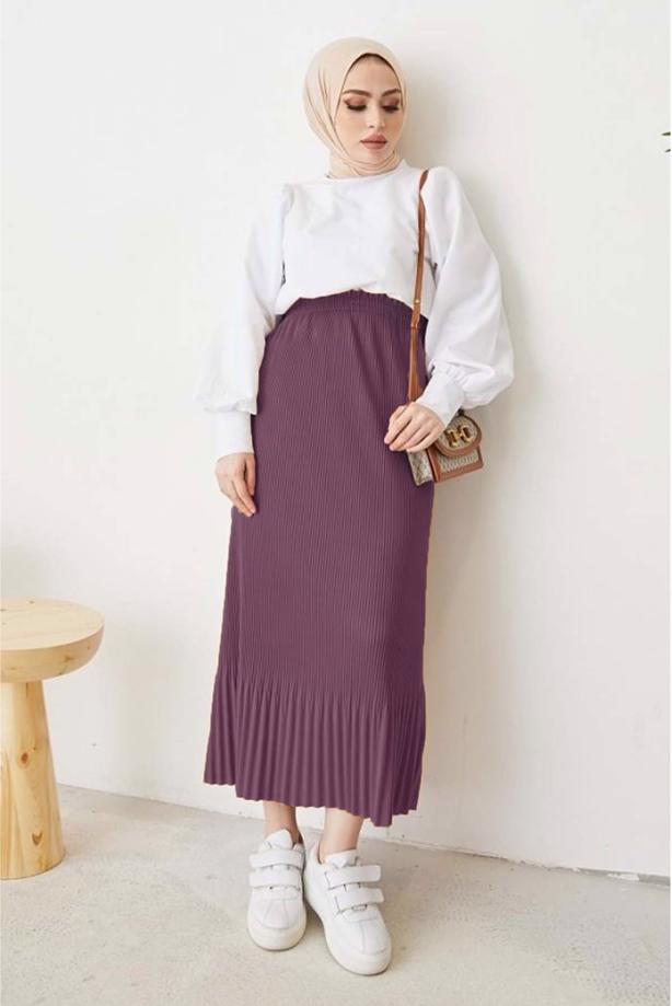 Tesettür giyim MOR BELİ LASTİKLİ PİLİSELİ ETEK T 502 - TRENDTESETTÜR