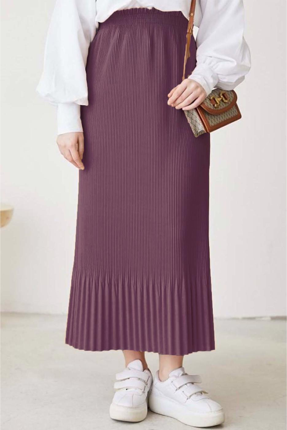 Tesettür giyim MOR BELİ LASTİKLİ PİLİSELİ ETEK T 502