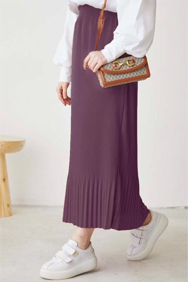 Tesettür giyim MOR BELİ LASTİKLİ PİLİSELİ ETEK T 502 - TRENDTESETTÜR