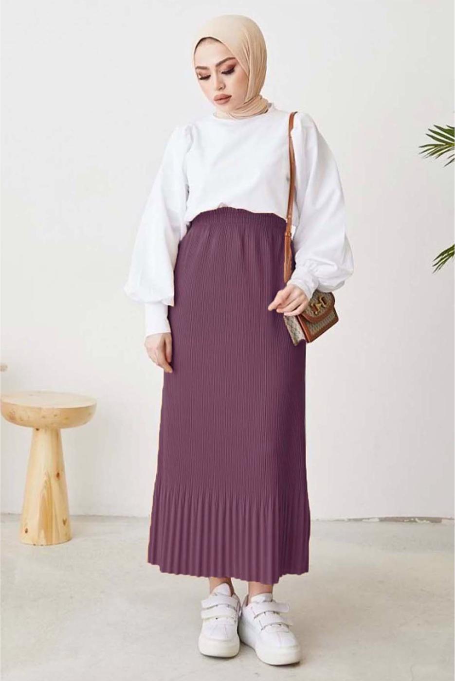 Tesettür giyim MOR BELİ LASTİKLİ PİLİSELİ ETEK T 502