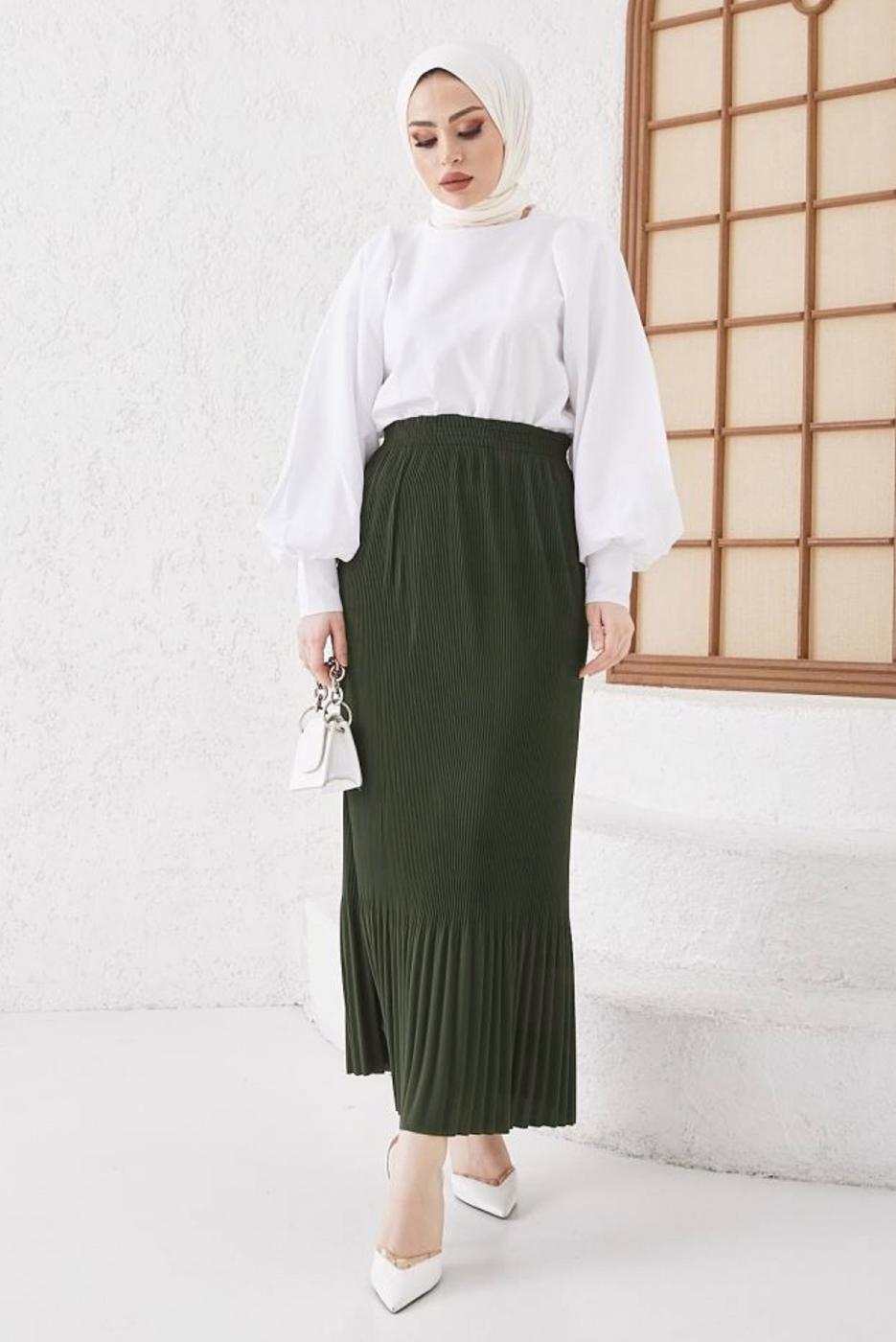 Tesettür giyim HAKİ BELİ LASTİKLİ PİLİSELİ ETEK T 502