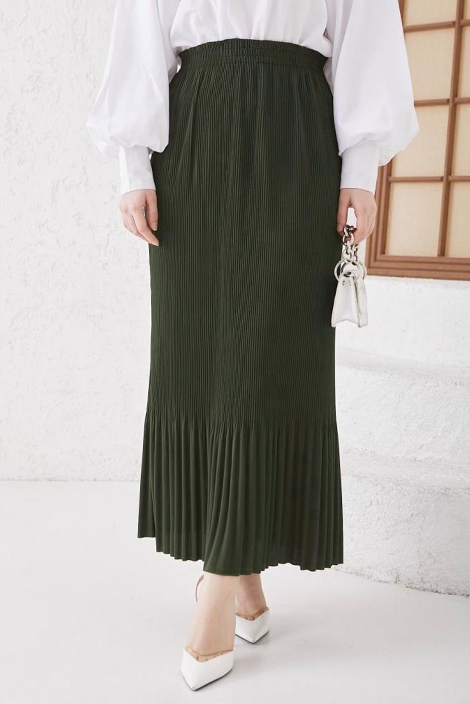 Tesettür giyim HAKİ BELİ LASTİKLİ PİLİSELİ ETEK T 502