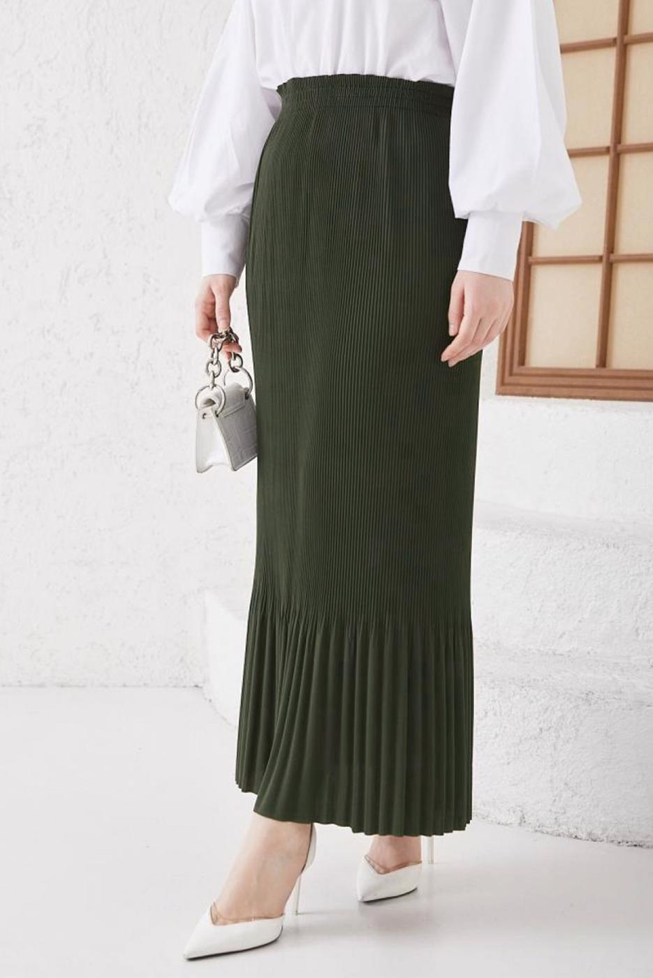 Tesettür giyim HAKİ BELİ LASTİKLİ PİLİSELİ ETEK T 502