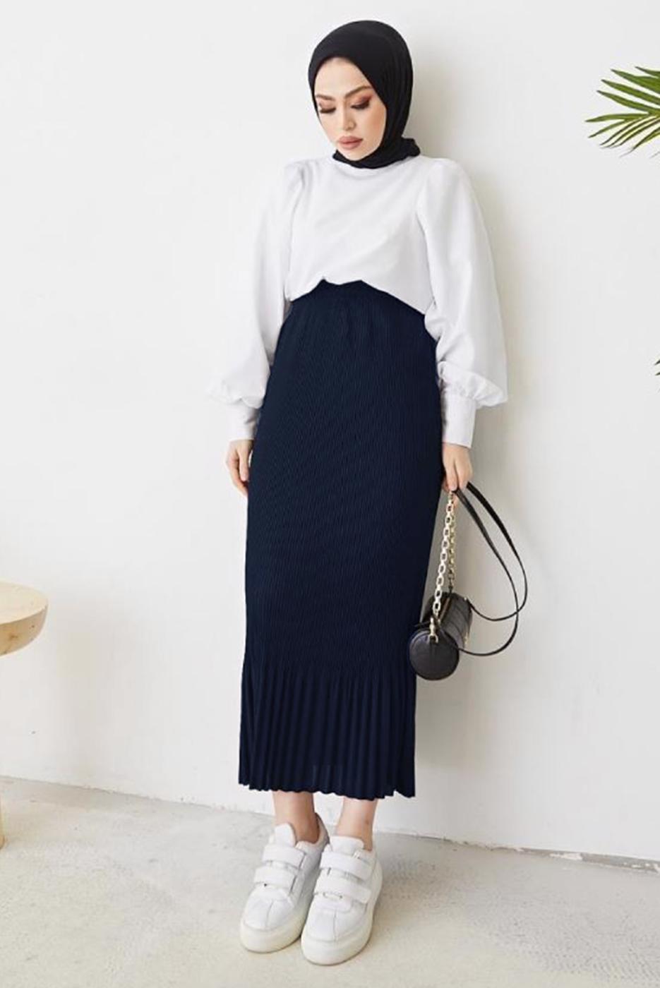 Tesettür giyim LACİVERT BELİ LASTİKLİ PİLİSELİ ETEK T 502