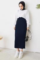 Tesettür giyim LACİVERT BELİ LASTİKLİ PİLİSELİ ETEK T 502