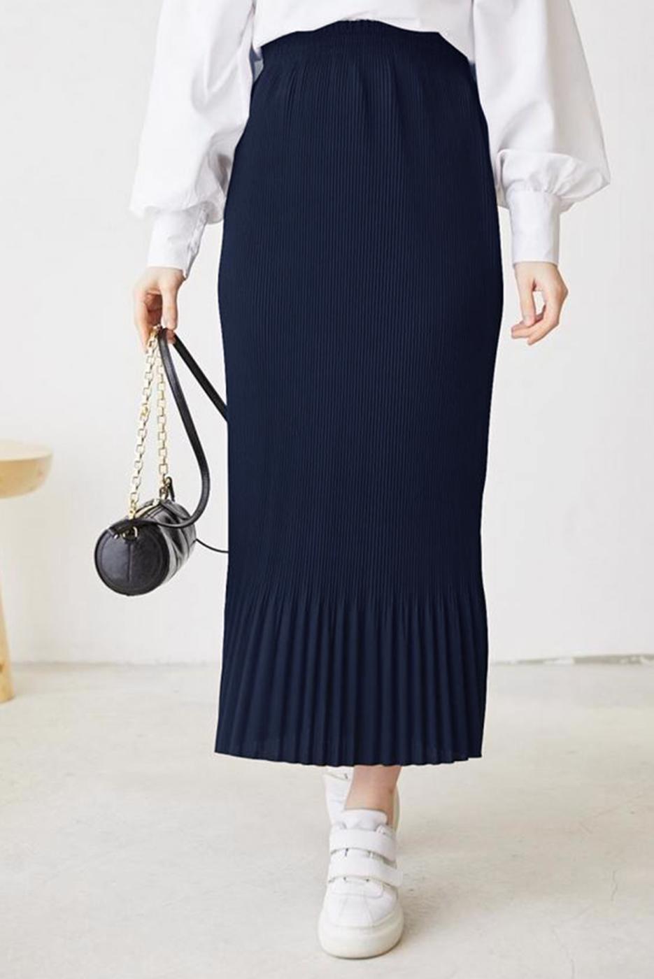 Tesettür giyim LACİVERT BELİ LASTİKLİ PİLİSELİ ETEK T 502